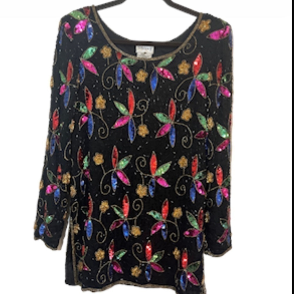 Vintage Sequin Festive Holiday Top S Black Metallic Floral Glam Retro Colorful